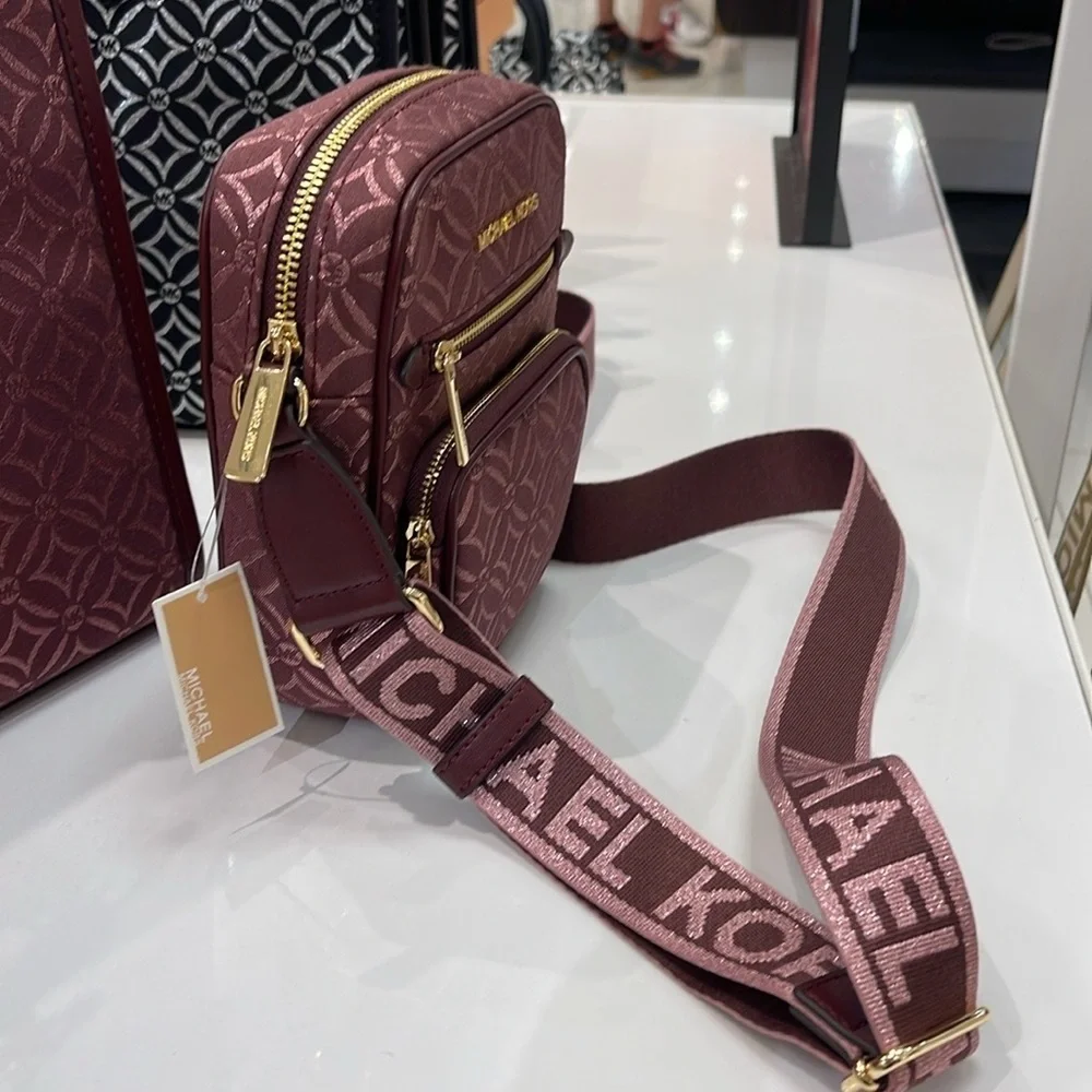 Michael Kors Jet Set Medium Signature Logo Crossbody Bag Oxbloodl Jacquard NWT